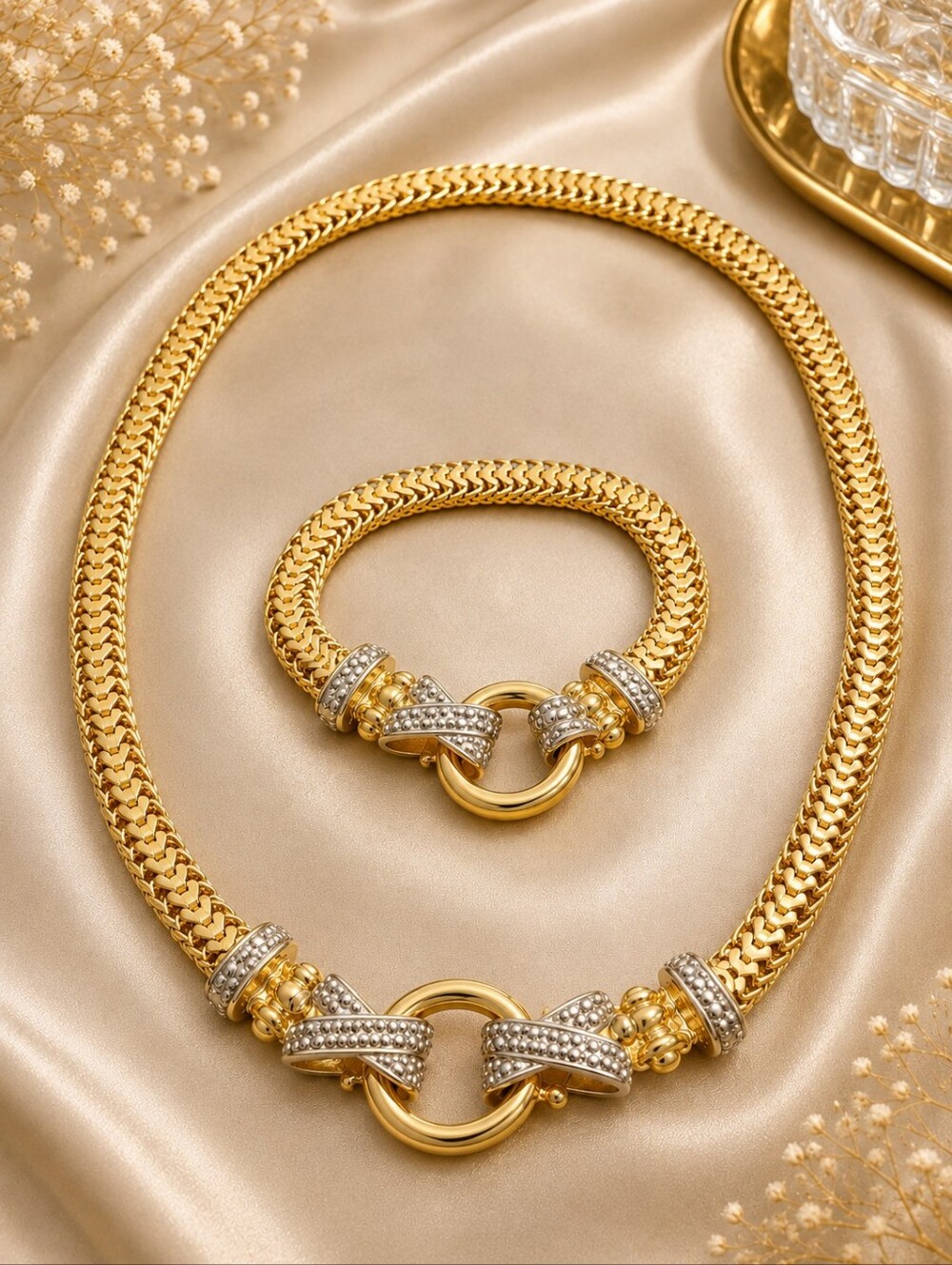 Vintage AVON Gold Tone Necklace Bracelet Set Pavé Look Accents